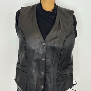 Sleek Black Leather Vest with Braided Accents from STURGIS